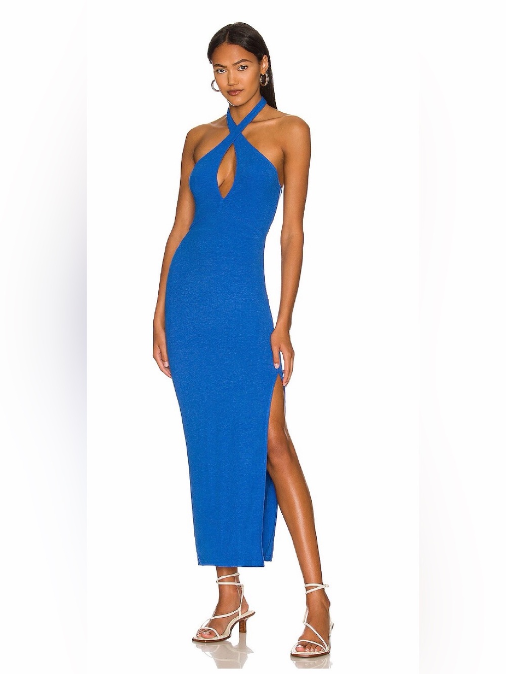 Blue Cross-Neck Maxi Dress with Thigh Slit